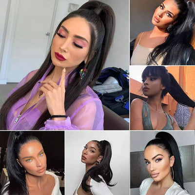 Sapphire Beauty Drawstring Brazilian Straight Ponytail Human Hair Remy Indian Hair Extensions Pony Tail For African American