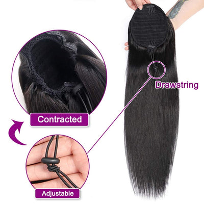 Sapphire Beauty Drawstring Brazilian Straight Ponytail Human Hair Remy Indian Hair Extensions Pony Tail For African American